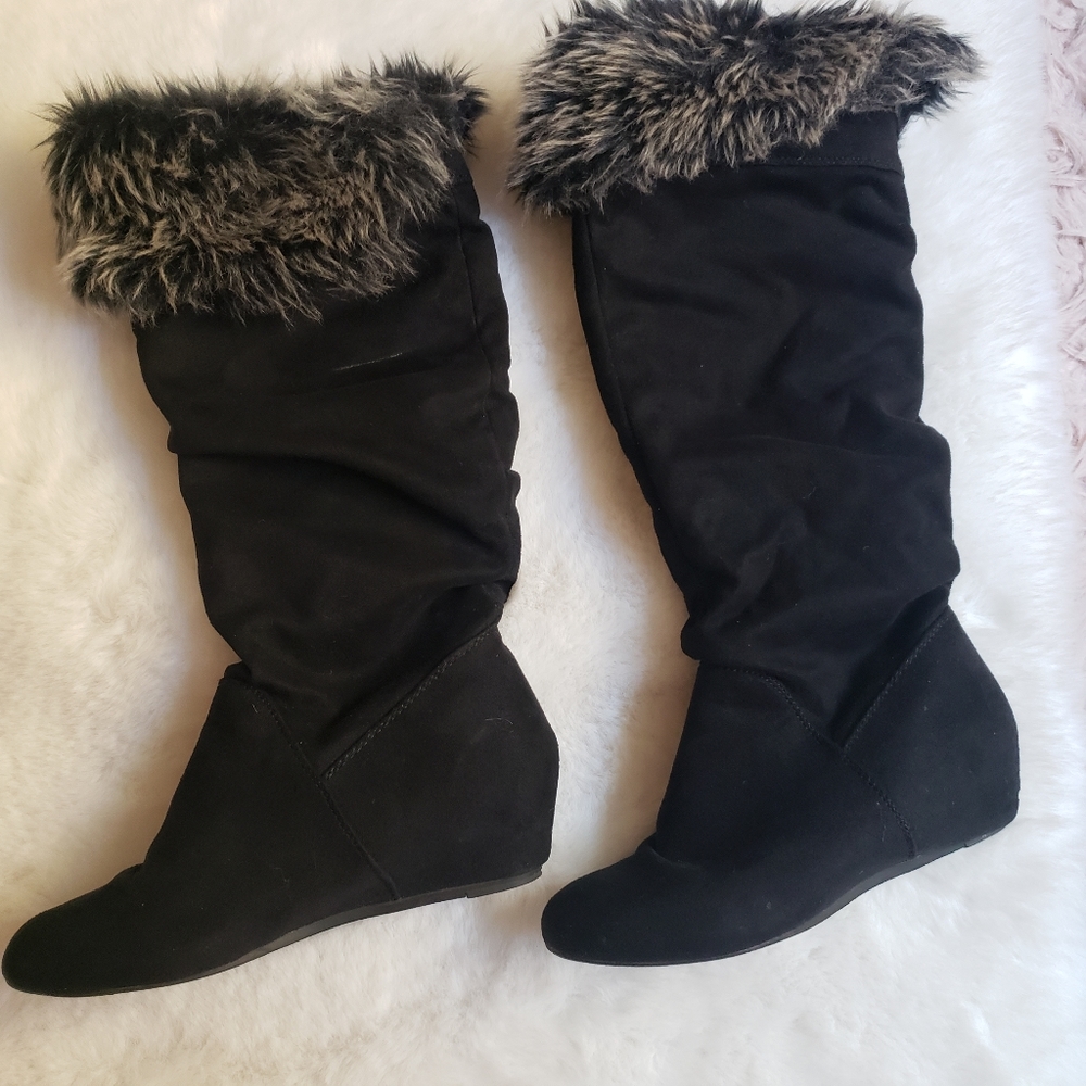🌹Report Enfield Black Women's Calf length Wedge Boots w/ Faux Fur trim SZ 7 1/2